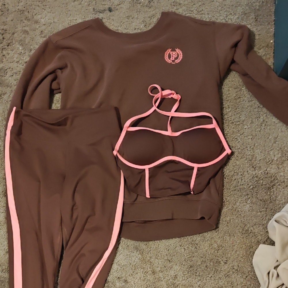 PINK Victoria's Secret Brown and Pink Sports Bra Set